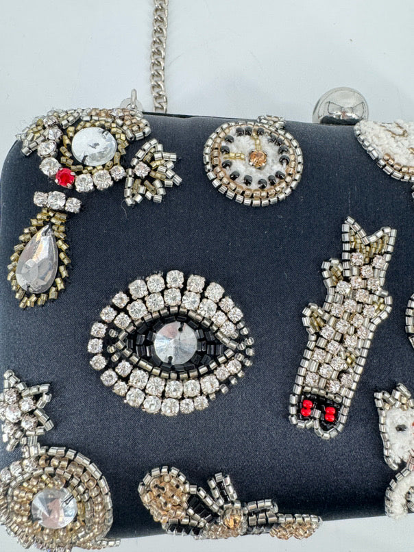 TIANA Black Beaded Eyes Clutch Bag w/ Crossbody Strap