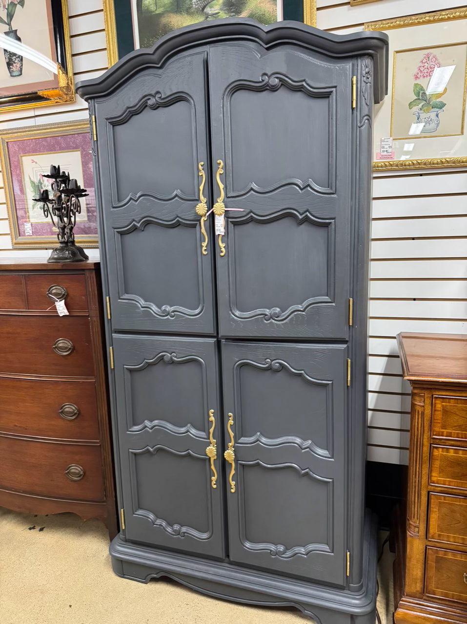 VINTAGE STANLEY FURNITURE Gray Painted Wood Armoire