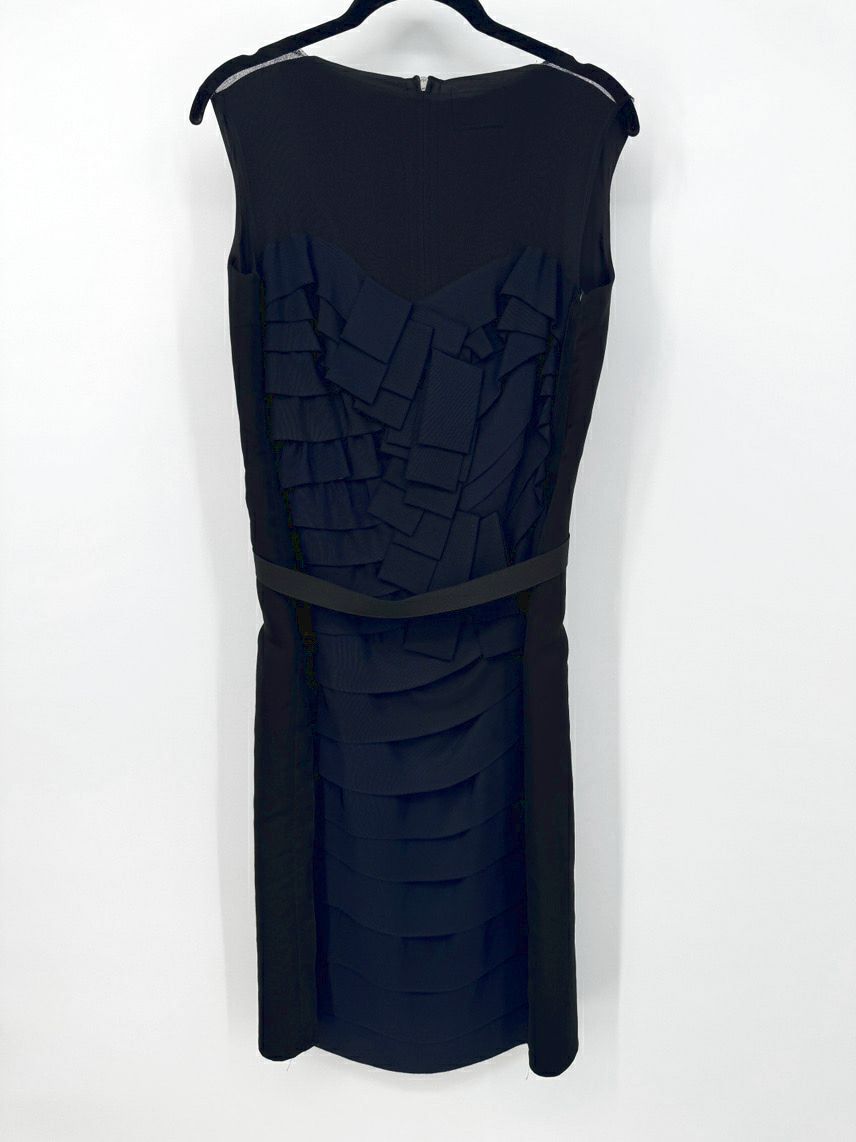 LANVIN PARIS Size 38 Black & Navy Silk Mesh Belted Sleeveless Dress