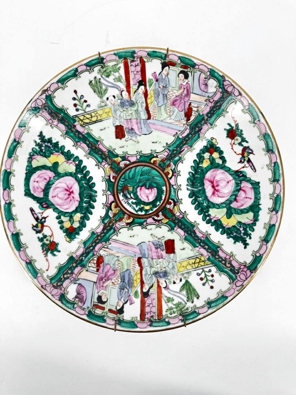 Pink & Green Rose Medallion Decorative Plate w/ Hanger