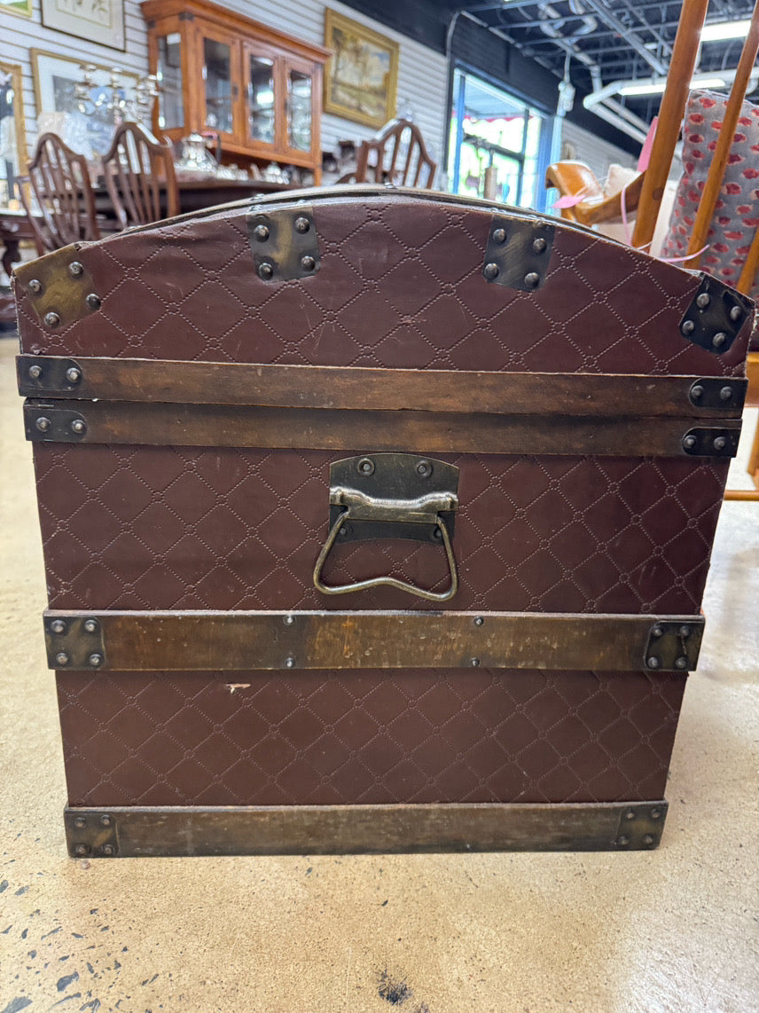 ANTIQUE Wood & Red Leather Rounded Top Trunk