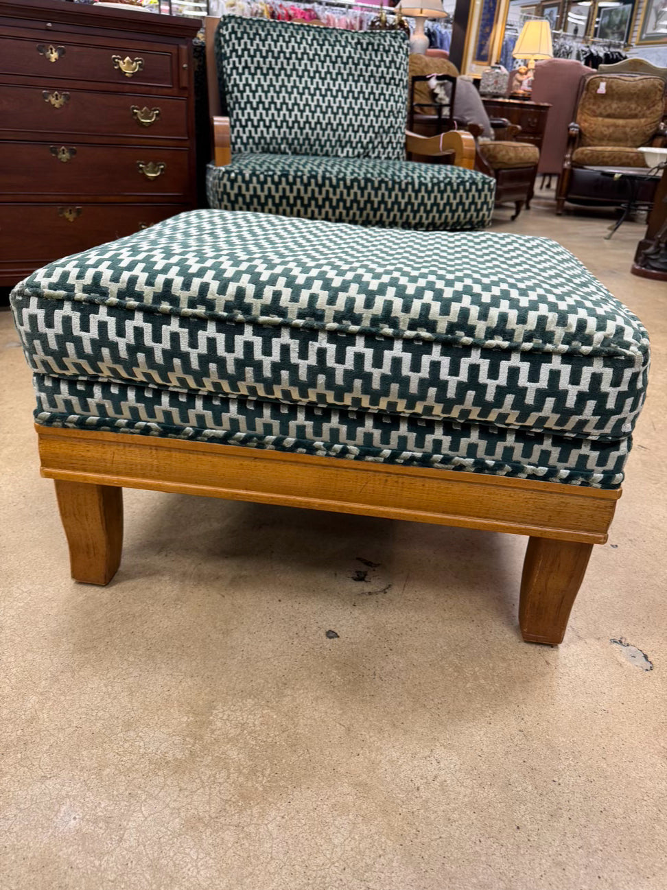 Wood Green Geometric Upholstered Pair of Chairs w/ Ottoman