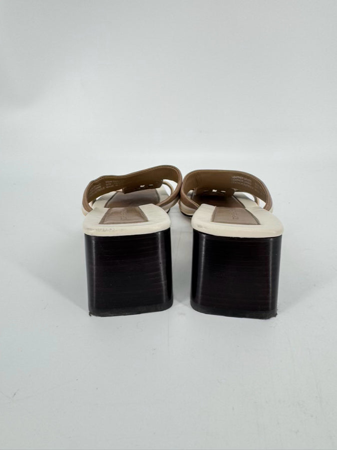 TORY BURCH Size 8.5 Brown & Cream Leather Logo Kitten Heels