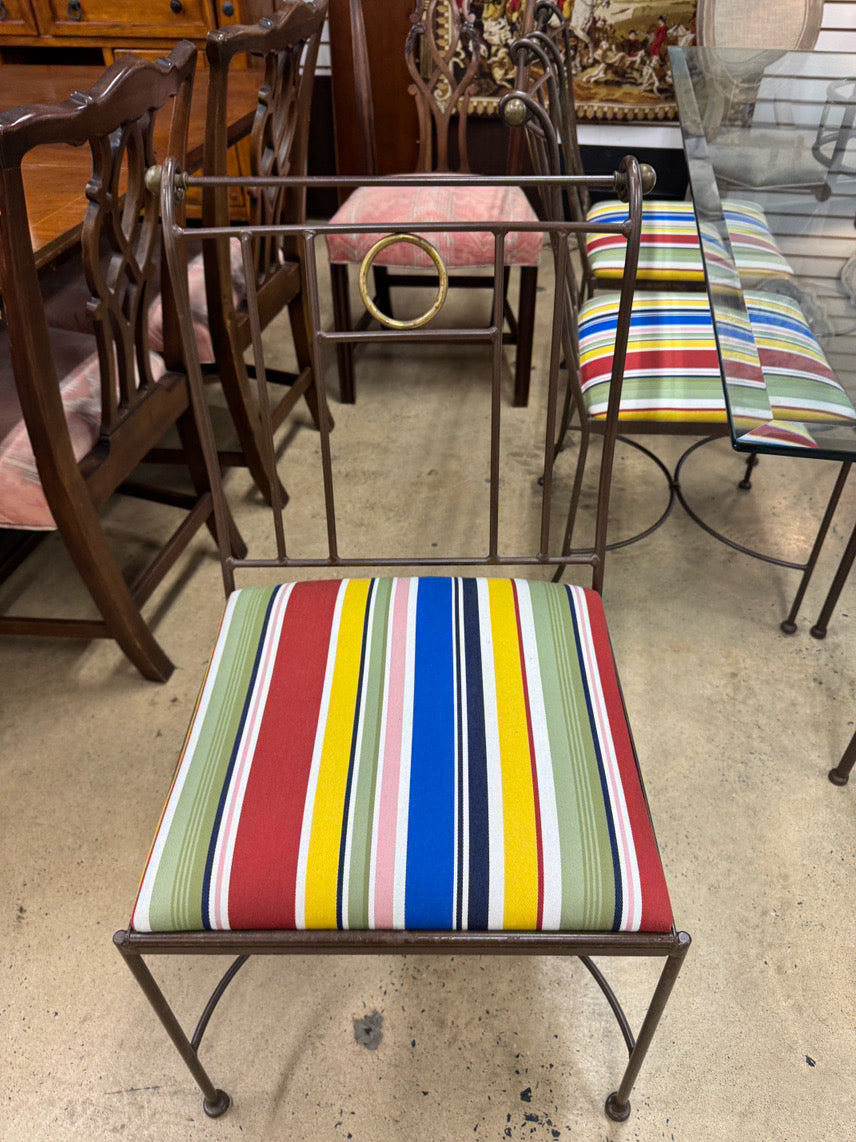Wrought Iron & Glass Table w/ 6 Multicolor Stripe Upholstered Chairs