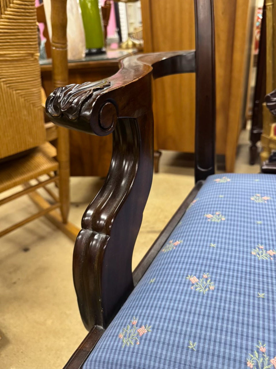 Wood Blue Upholstered 2-Seater Queen Ann Ball & Claw Feet Bench