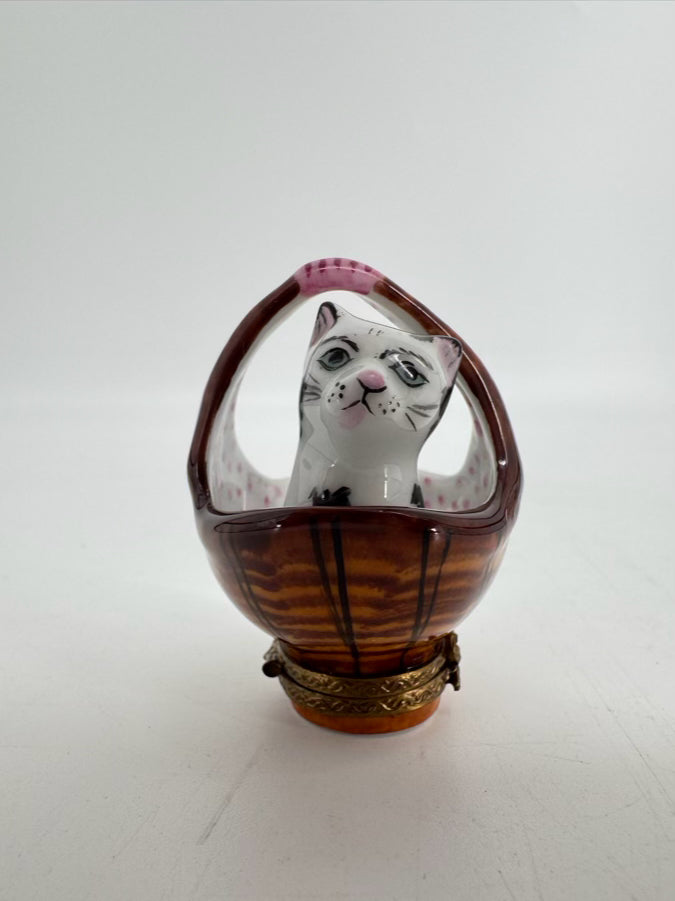 LIMOGES Brown, Black & White Cat in Basket Ceramic Trinket Box