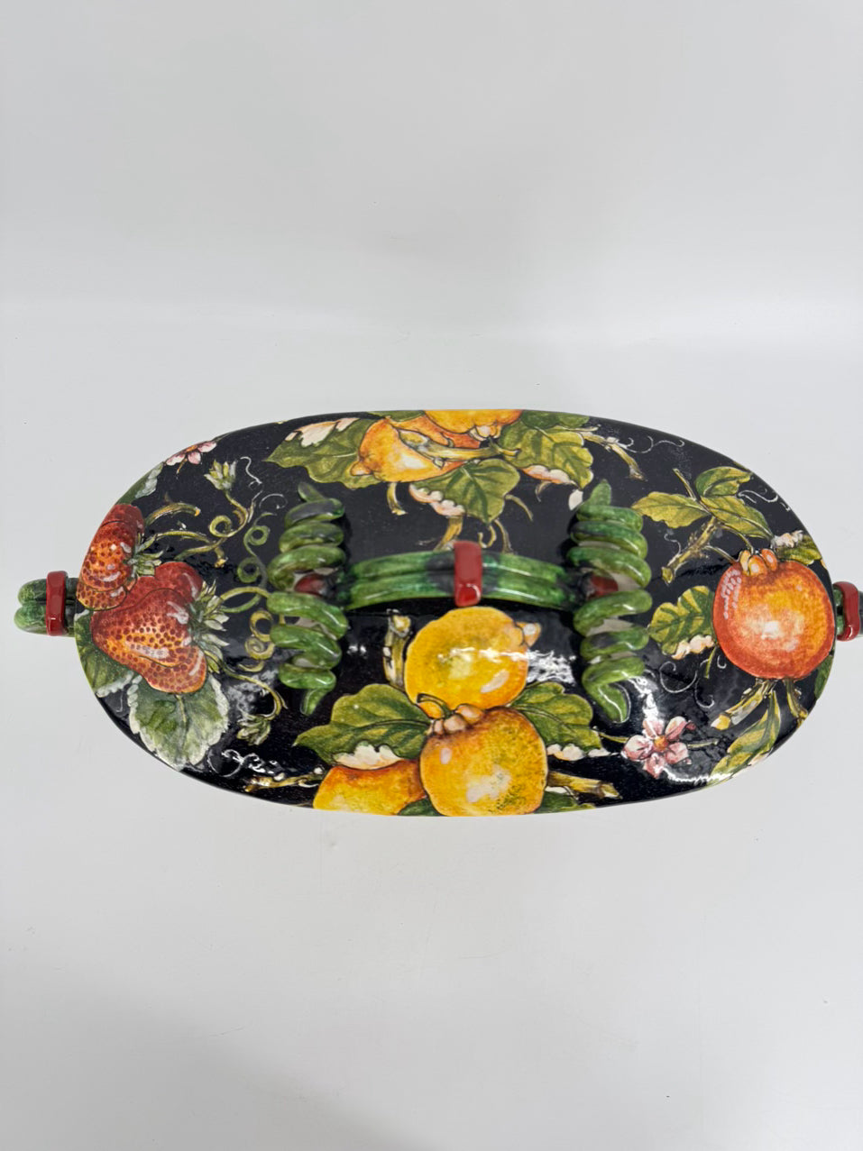 PORTUGAL Black, Green & Yellow Fruit Ceramic Footed Tureen w/ Lid