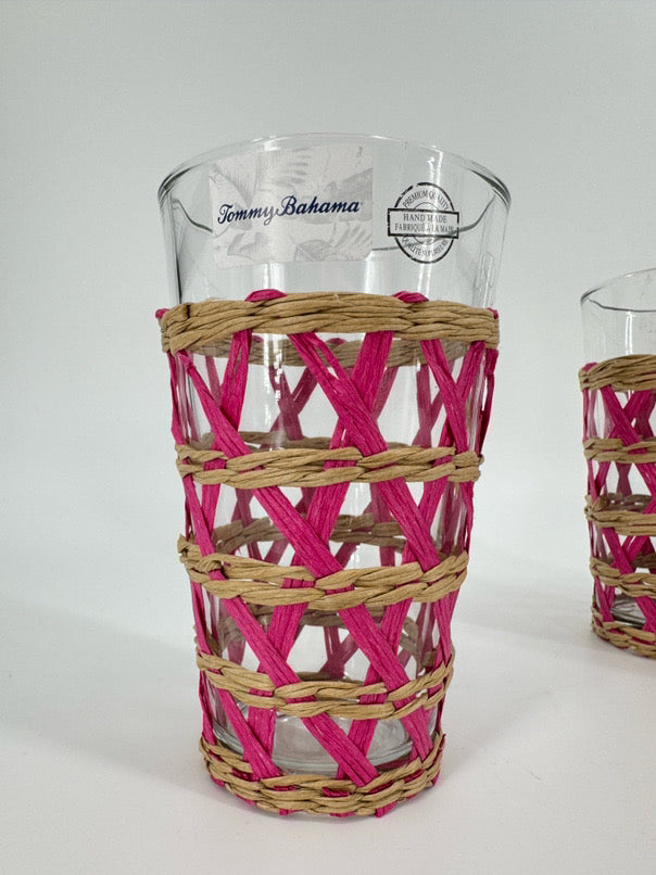 TOMMY BAHAMA Pink Raffia Lattice Set of 4 Glasses