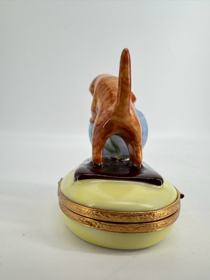 LIMOGES Orange & Blue Cat & Fishbowl Ceramic Trinket Box