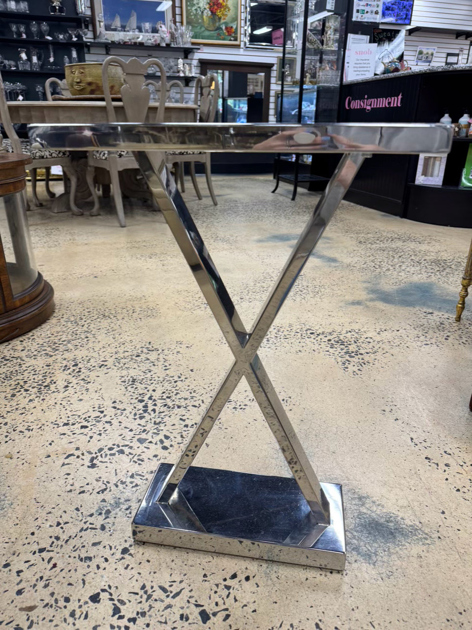 White & Silver Metal & Faux Marble Side Table
