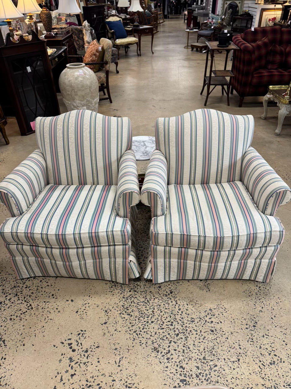 VANGUARD Cream, Blue & Pink Stripe Pair of Club Chairs