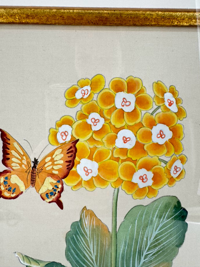 CHELSEA HOUSE Yellow Flower w/ Butterfly Painting on Silk in Gold Frame