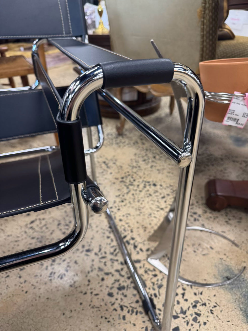 Silver & Black Metal & Faux Leather Mid Century Modern Chair