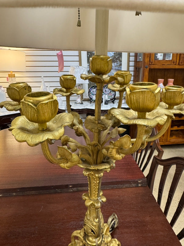 Gold Metal Neoclassical Floral 6-Arm Design Pair of Lamps