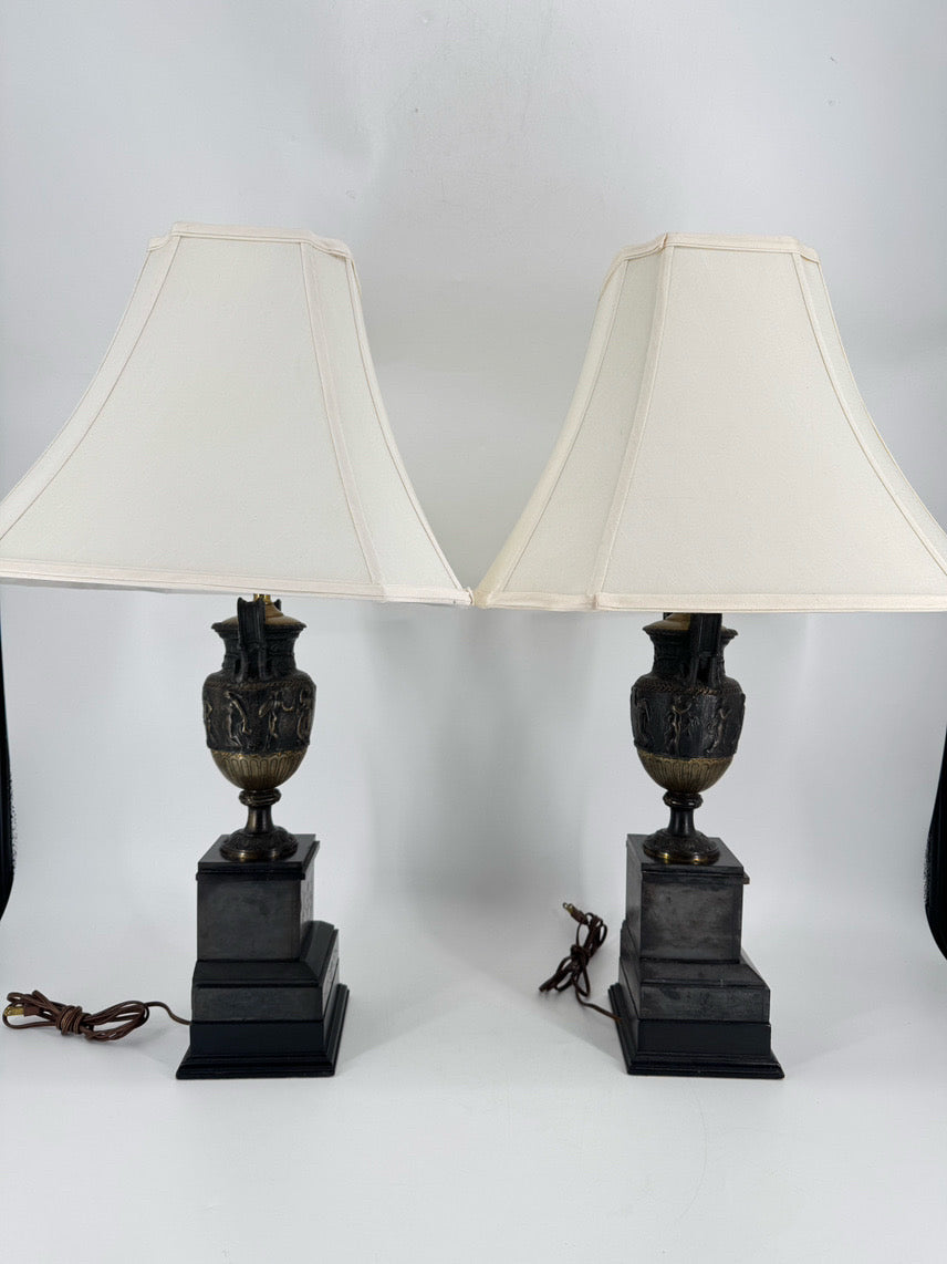 Black Neoclassical Urn Style Figural Pair of Lamps