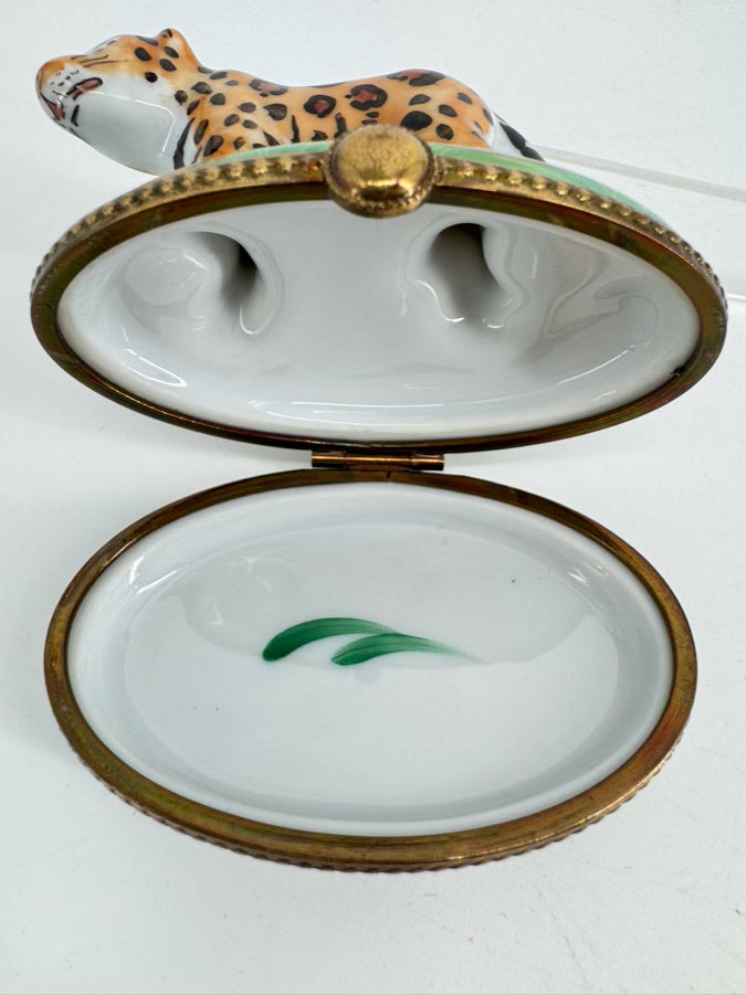 LIMOGES Green & Brown Leopard Ceramic Trinket Box