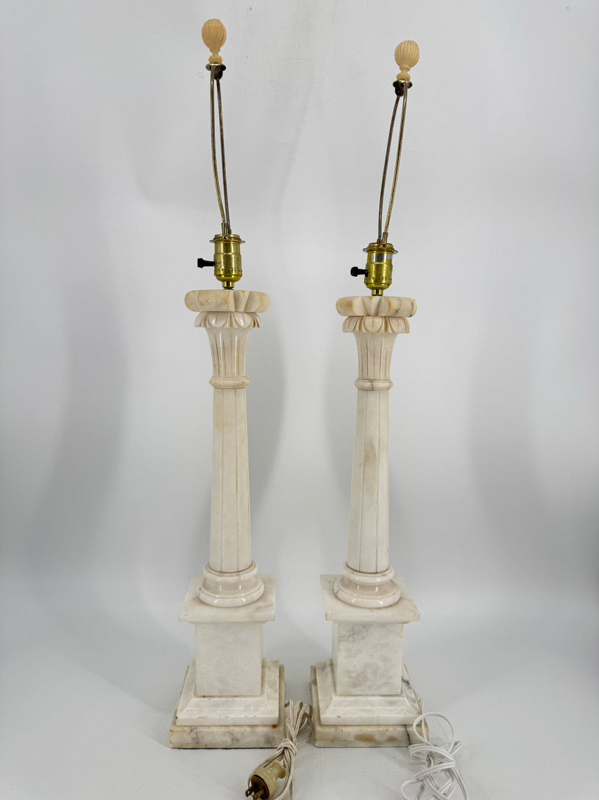 White Alabaster Neoclassical Column Pair of Lamps