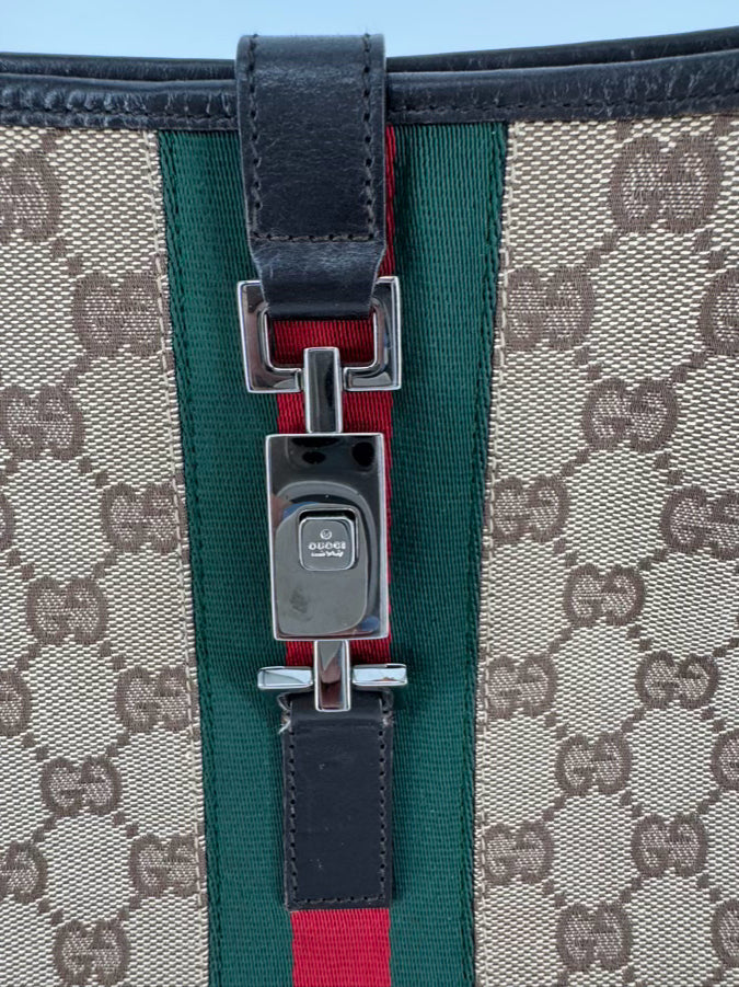 GUCCI Tan Canvas Monogram Jackie Purse