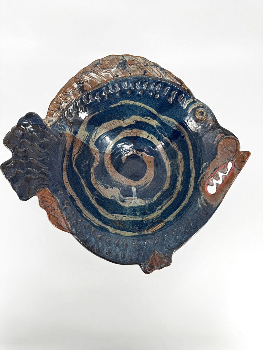 Blue & Tan Large Fish Pottery Bowl