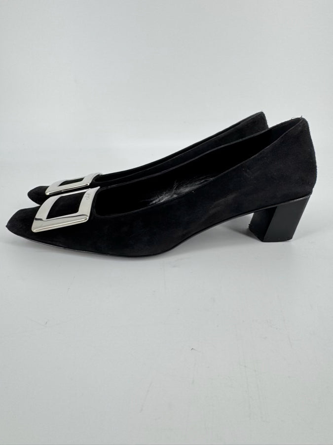 ROGER VIVIER Size 38 Black Suede Silver Buckle Heels