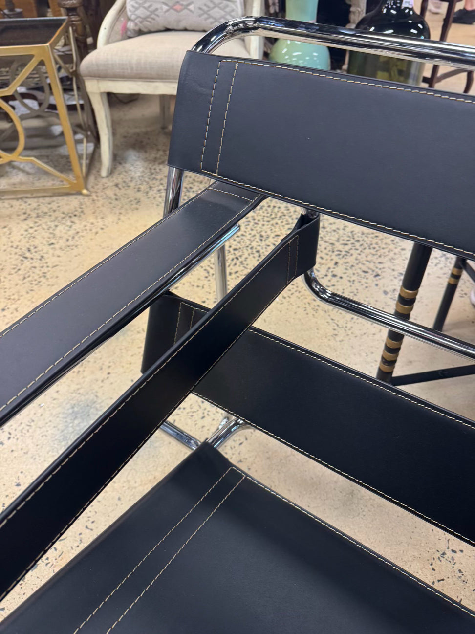 Silver & Black Metal & Faux Leather Mid Century Modern Chair