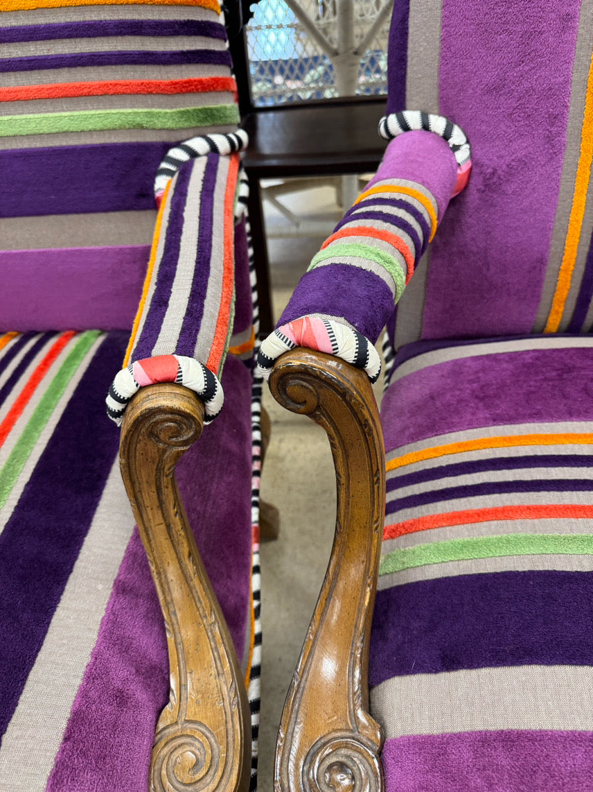 Purple & Orange Stripe Upholstered Queen Anne Ball & Claw Pair of Chairs
