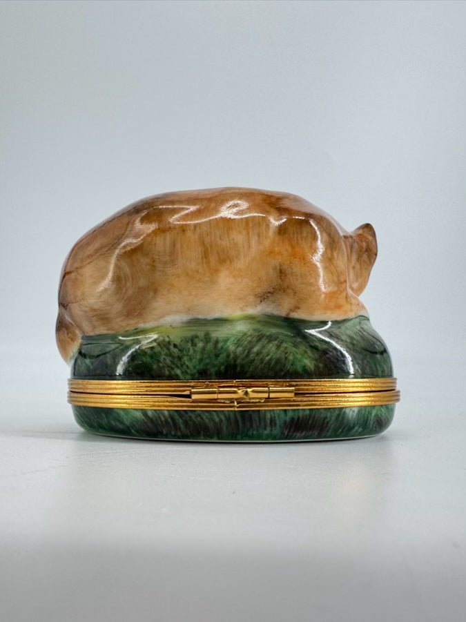 LIMOGES Brown & Green Cat Ceramic Trinket Box