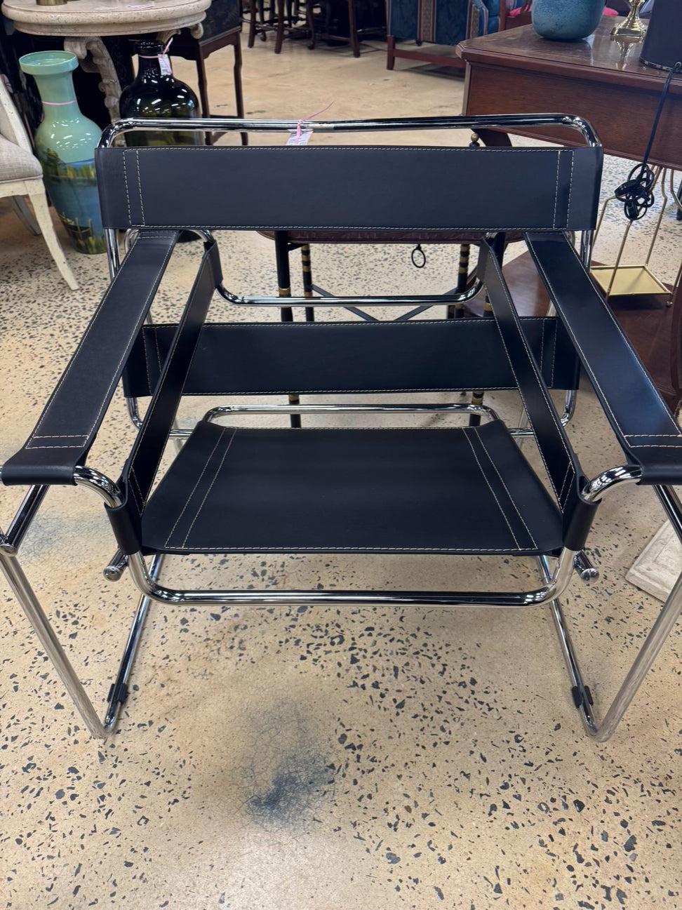 Silver & Black Metal & Faux Leather Mid Century Modern Chair