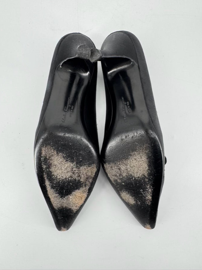 SALVATORE FERRAGAMO Size 8 Black Satin Pumps w/ Pin Detail