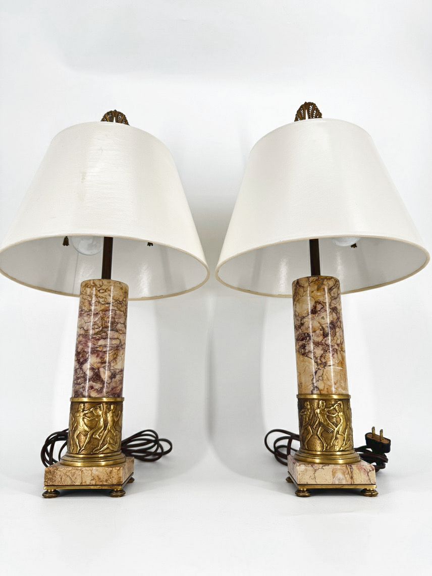Cream & Pink Marble & Brass Trim Neoclassical Gladiators Pair of Lamps