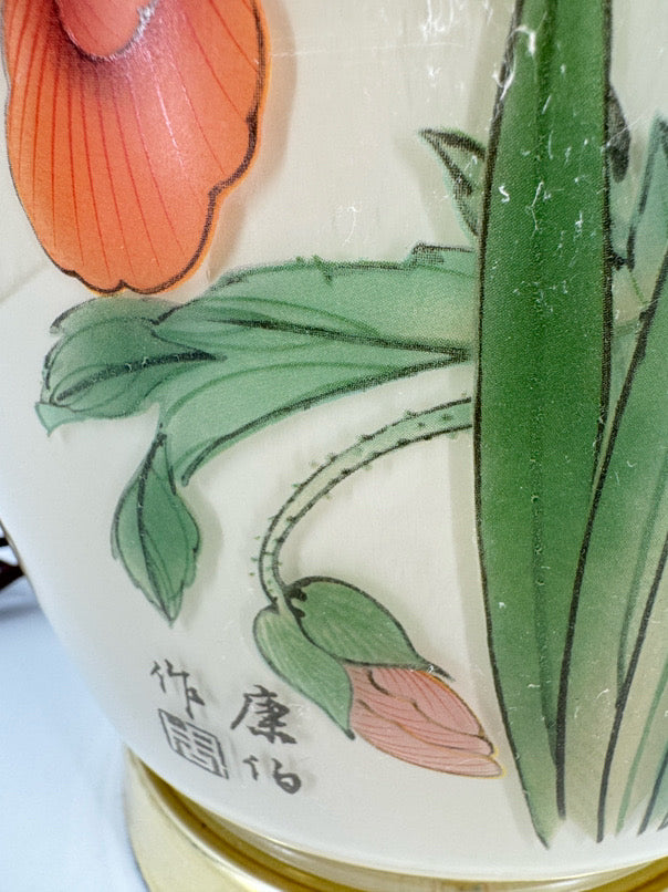 VINTAGE Orange & Green Glass Flowers Ginger Jar Lamp