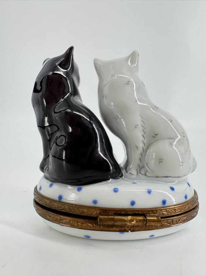 LIMOGES White & Black Cat Couple Ceramic Trinket Box