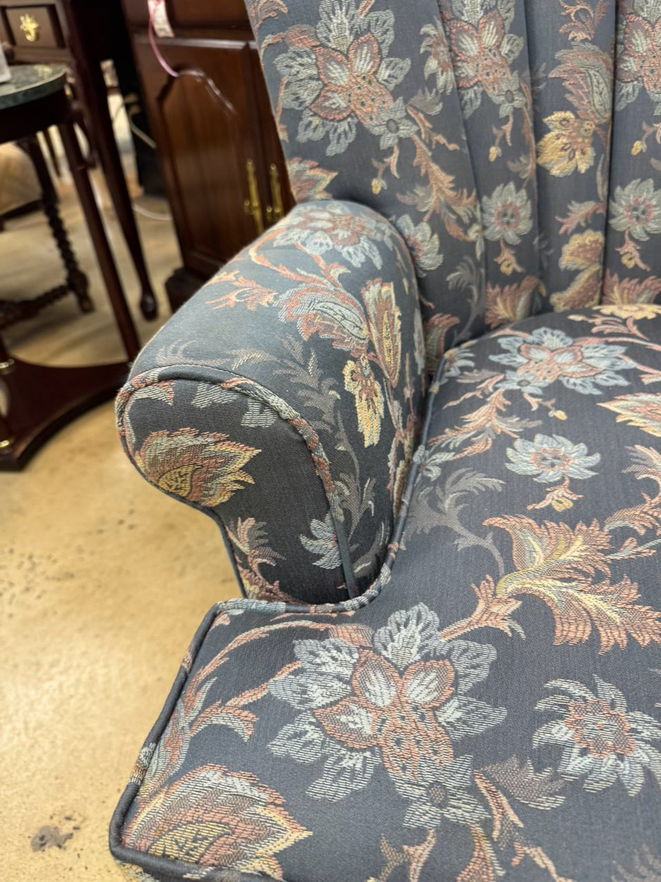 VINTAGE Blue & Pink Barrel Back Floral Chair w/ Queen Anne Legs