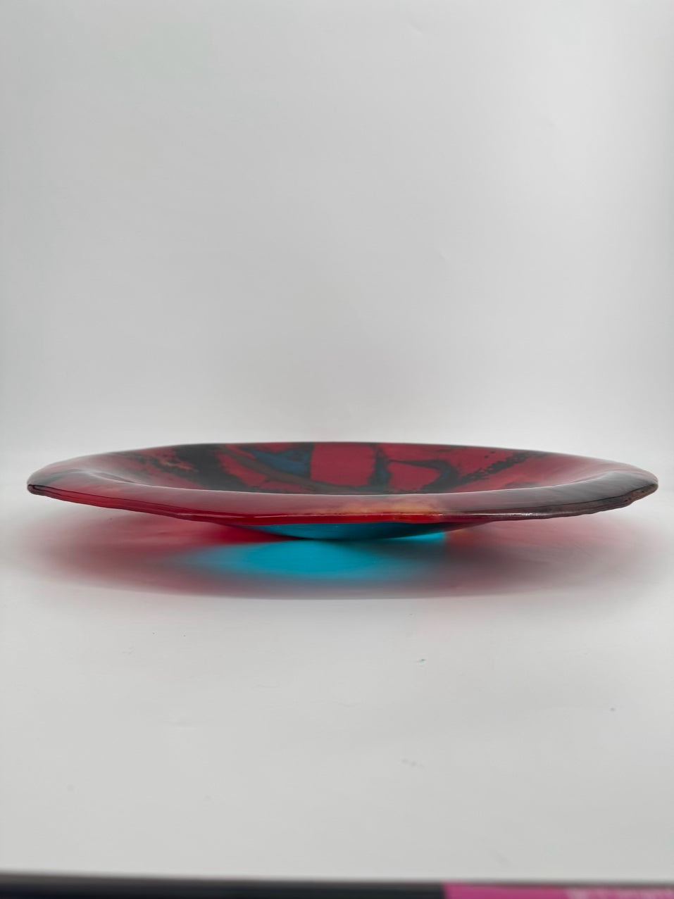 Red, Blue & Black Art Glass Large Round Shallow Bowl