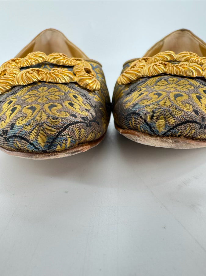 MANOLO BLAHNIK Size 39 Blue & Gold Paisley Flats