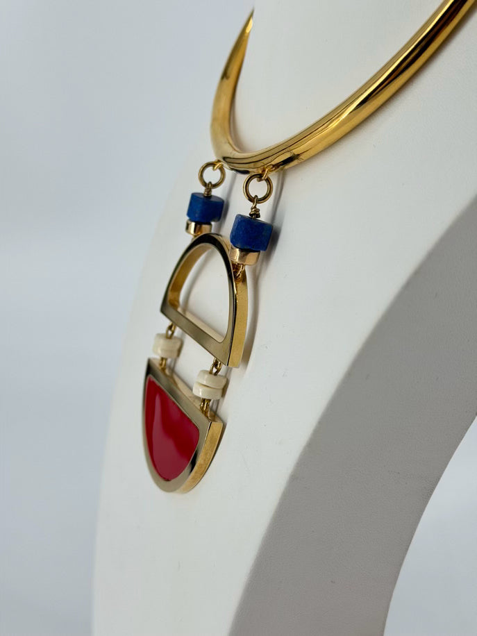 LIZZIE FORTUNADO Red, Blue, & Gold Tone Geometric Statement Necklace