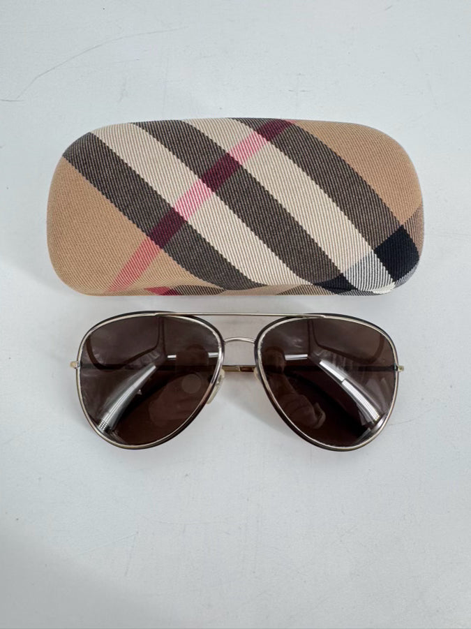 BURBERRY Metal Brown & Gold Aviator Sunglasses