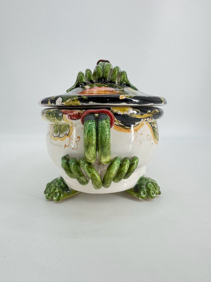 PORTUGAL Black, Green & Yellow Fruit Ceramic Footed Tureen w/ Lid