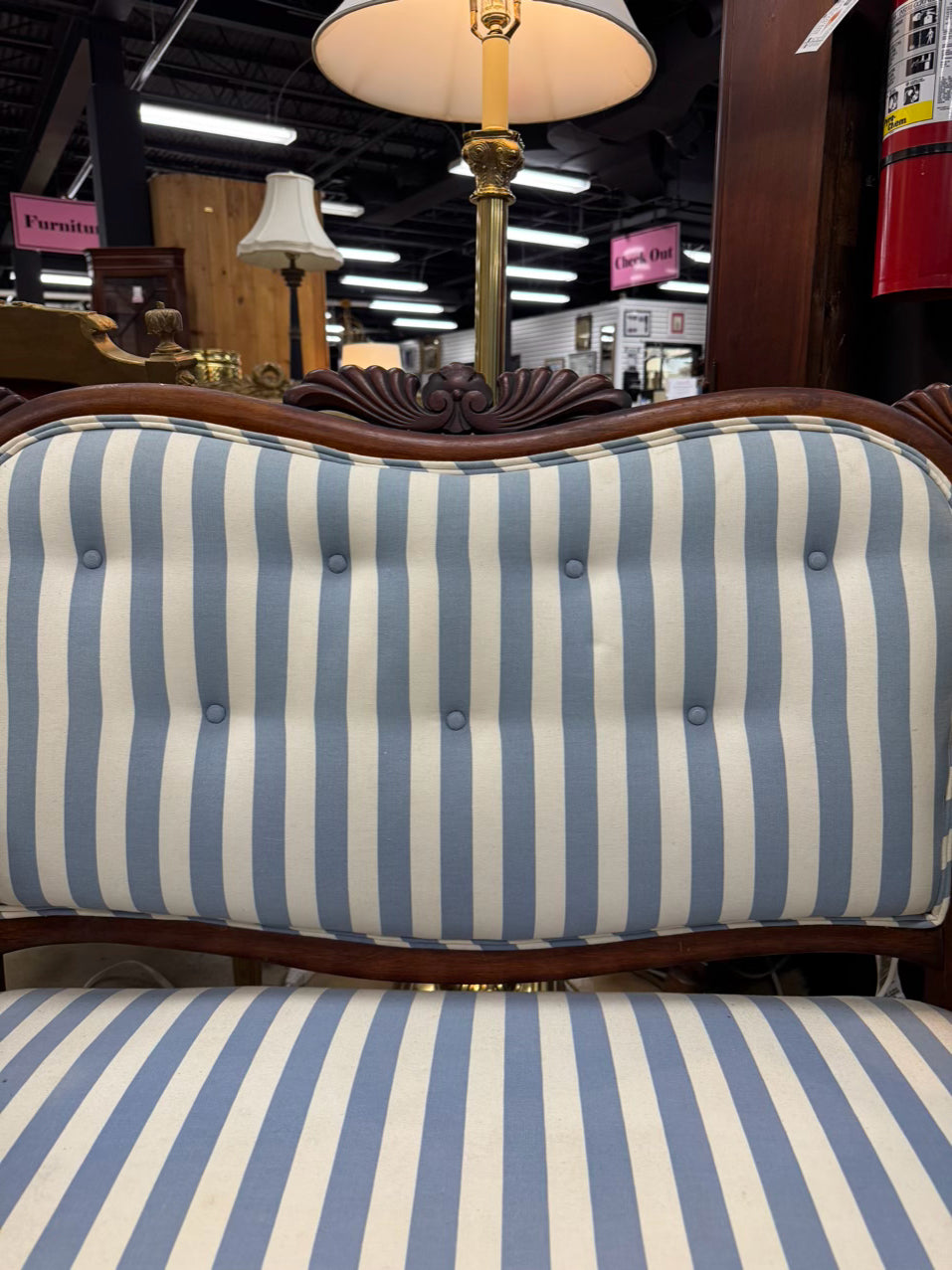 ANTIQUE Wood & Blue & White Stripe Upholstery Victorian Love Seat