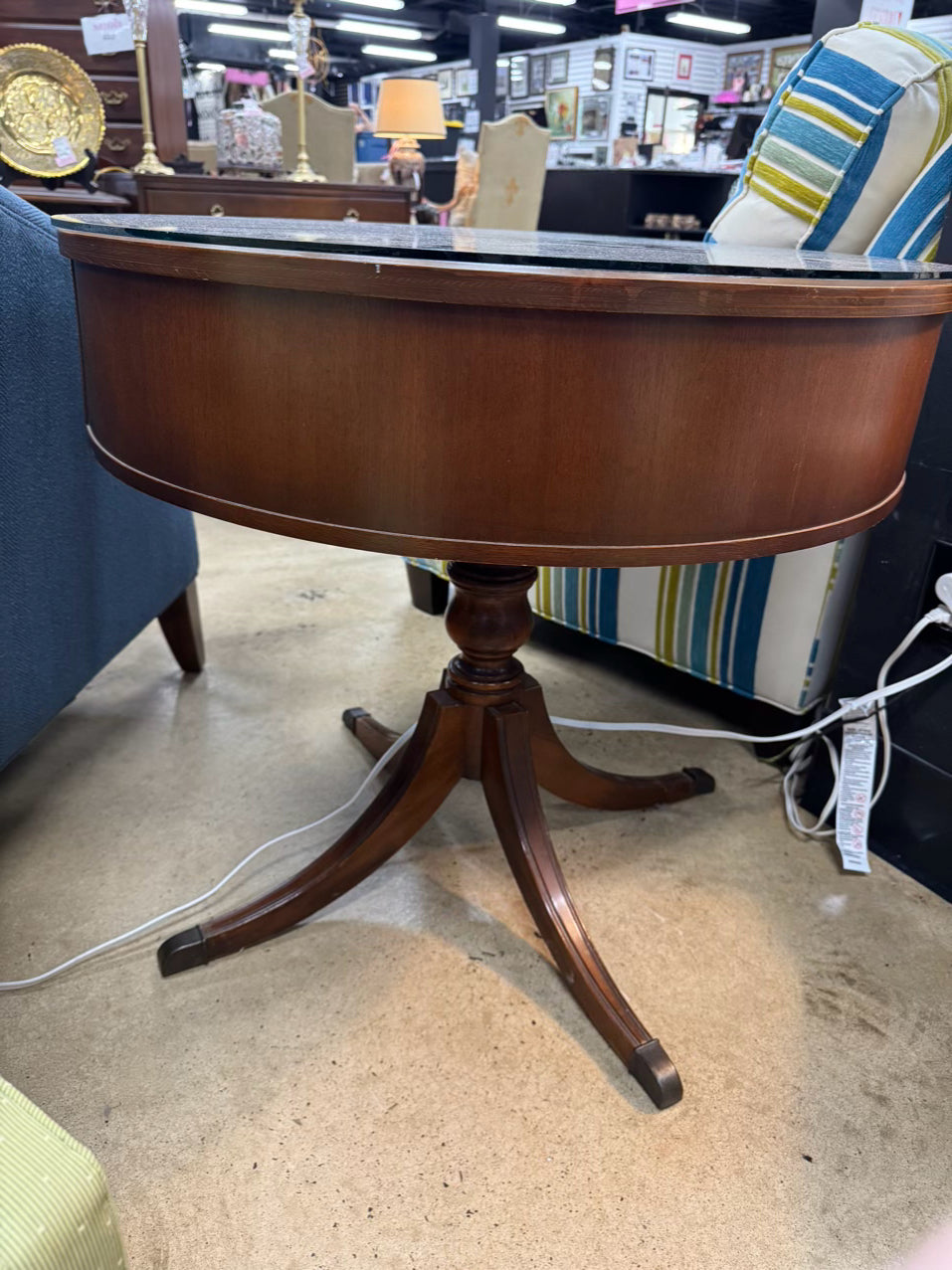 VINTAGE Wood & Leather Round Glass-top Occasional Table