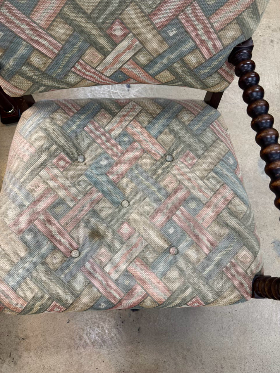 VINTAGE Bobbin Wood Upholstered Chair