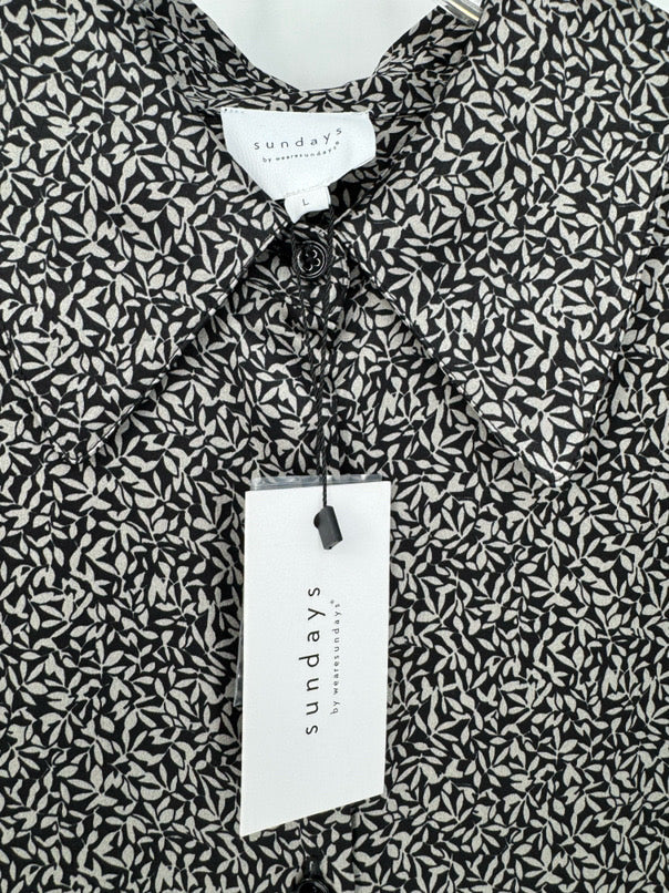 SUNDAYS by WEARESUNDAYS Size L Taupe & Black Print Silk Rez Blouse NWT