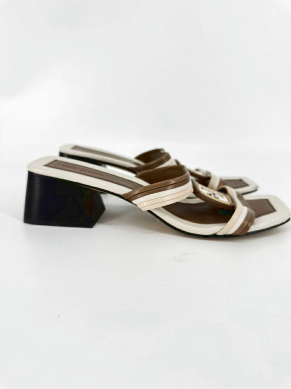 TORY BURCH Size 8.5 Brown & Cream Leather Logo Kitten Heels