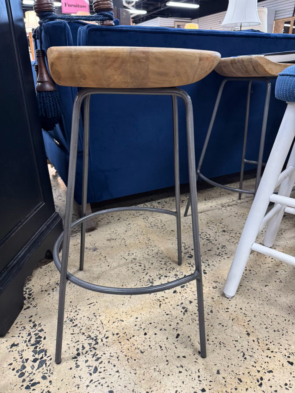 WEST ELM Natural Wood & Gray Steel Counter Stool