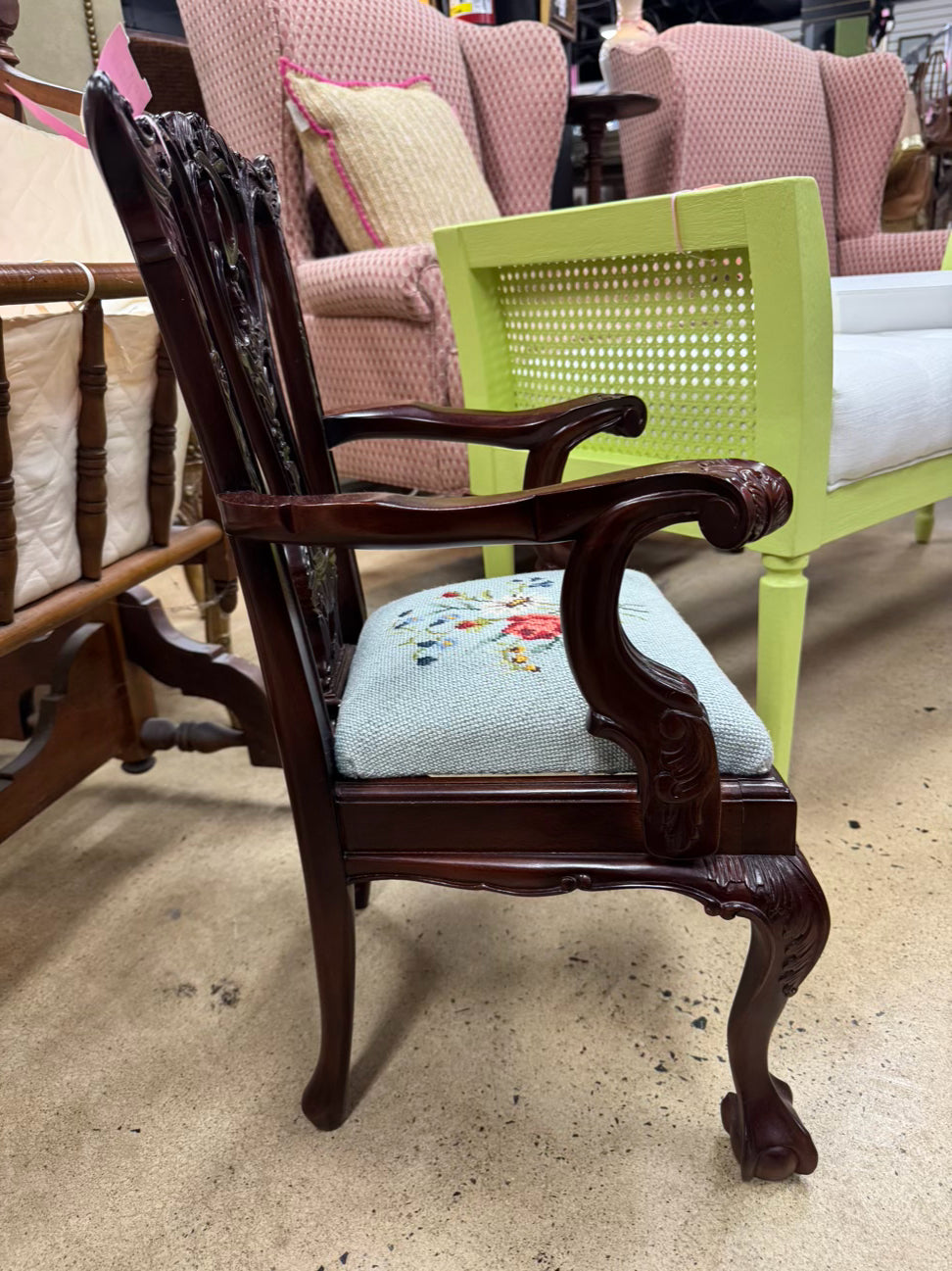 Mahogany & Blue Floral Needlepoint Chippendale Child's Chair