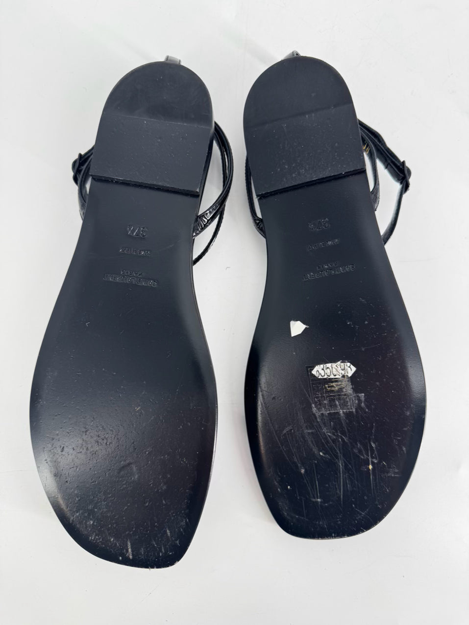SAINT LAURENT Size 37.5 Black Leather Logo Sandals