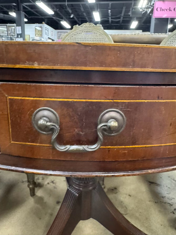 VINTAGE Wood Leather Top Round Occasional Table