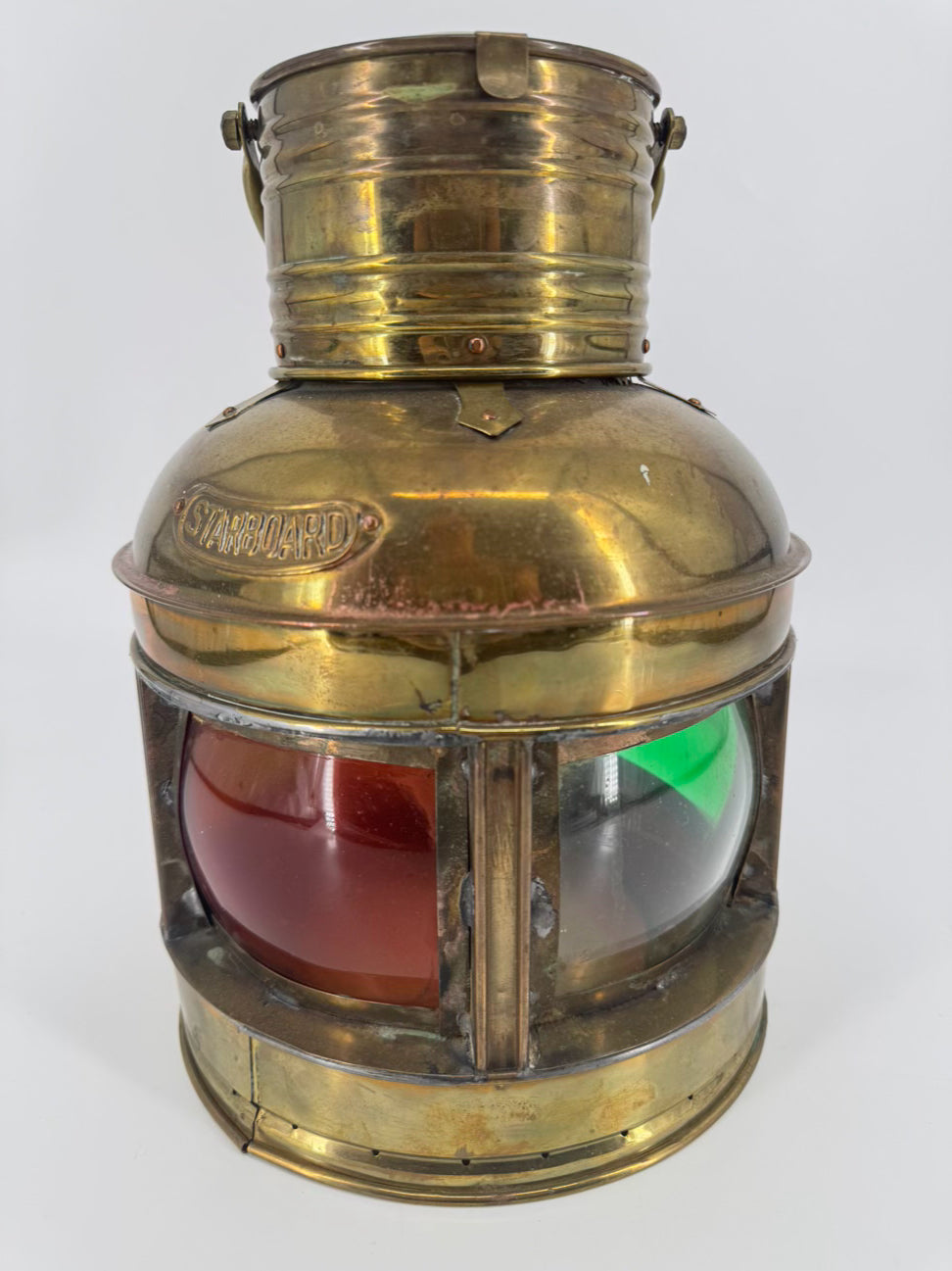 VINTAGE Brass Green & Red Glass Kerosene Lantern