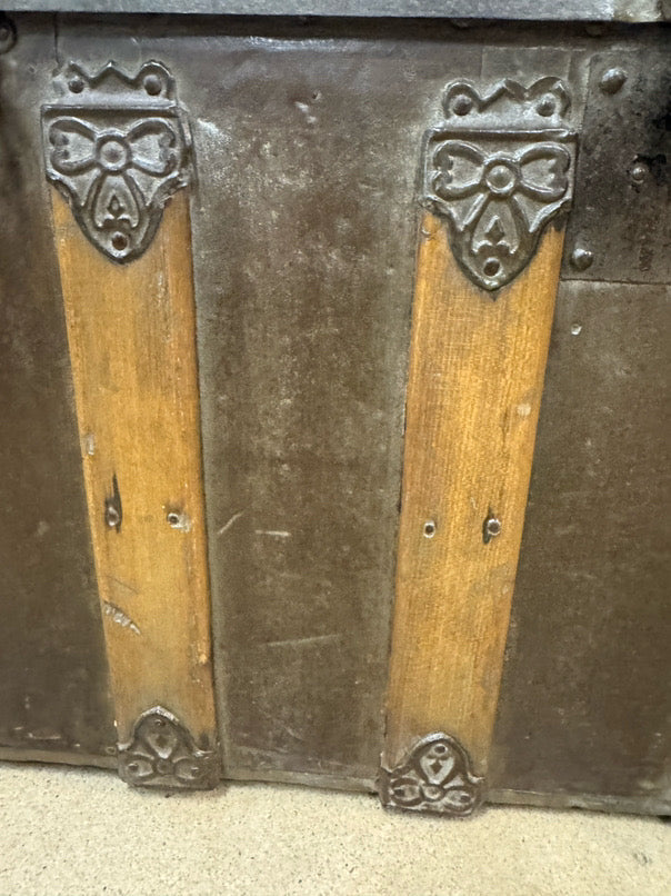 ANTIQUE Wood & Tin Rounded Top Trunk