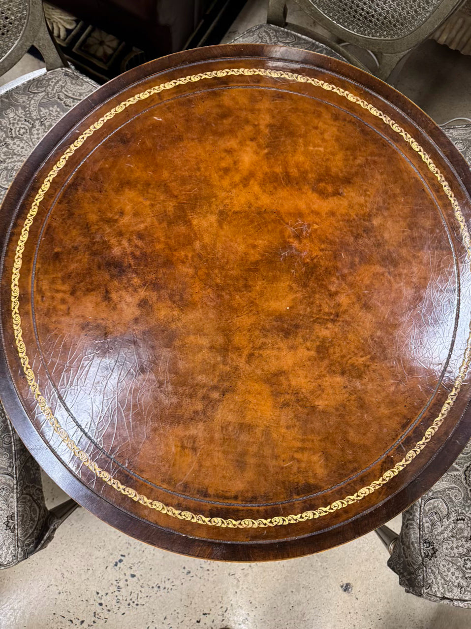 VINTAGE Wood Leather Top Round Occasional Table